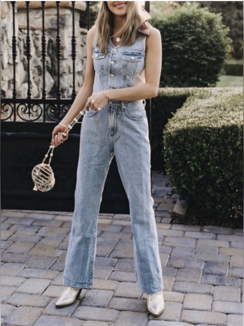 AGOLDE 70s Denim Jumpsuit Sleeveless Button Front womens Size 0 Festival - Picture 2 of 16